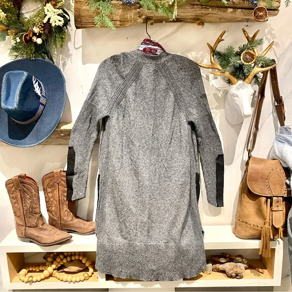 Vegan LEATHER pockets & sleeves open front boho cardigan w midcentury vibe - Picture 10 of 10
